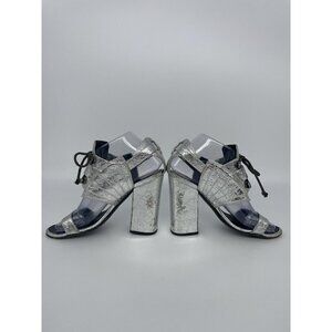 Proenza Schouler Sandals Silver Metallic Woven Leather Size 36 Open‎ Toe Heels